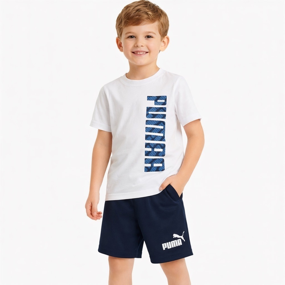 Puma Boys Athletic Set XS 5/6 Blue Shorts White Logo T-Shirt Activewear